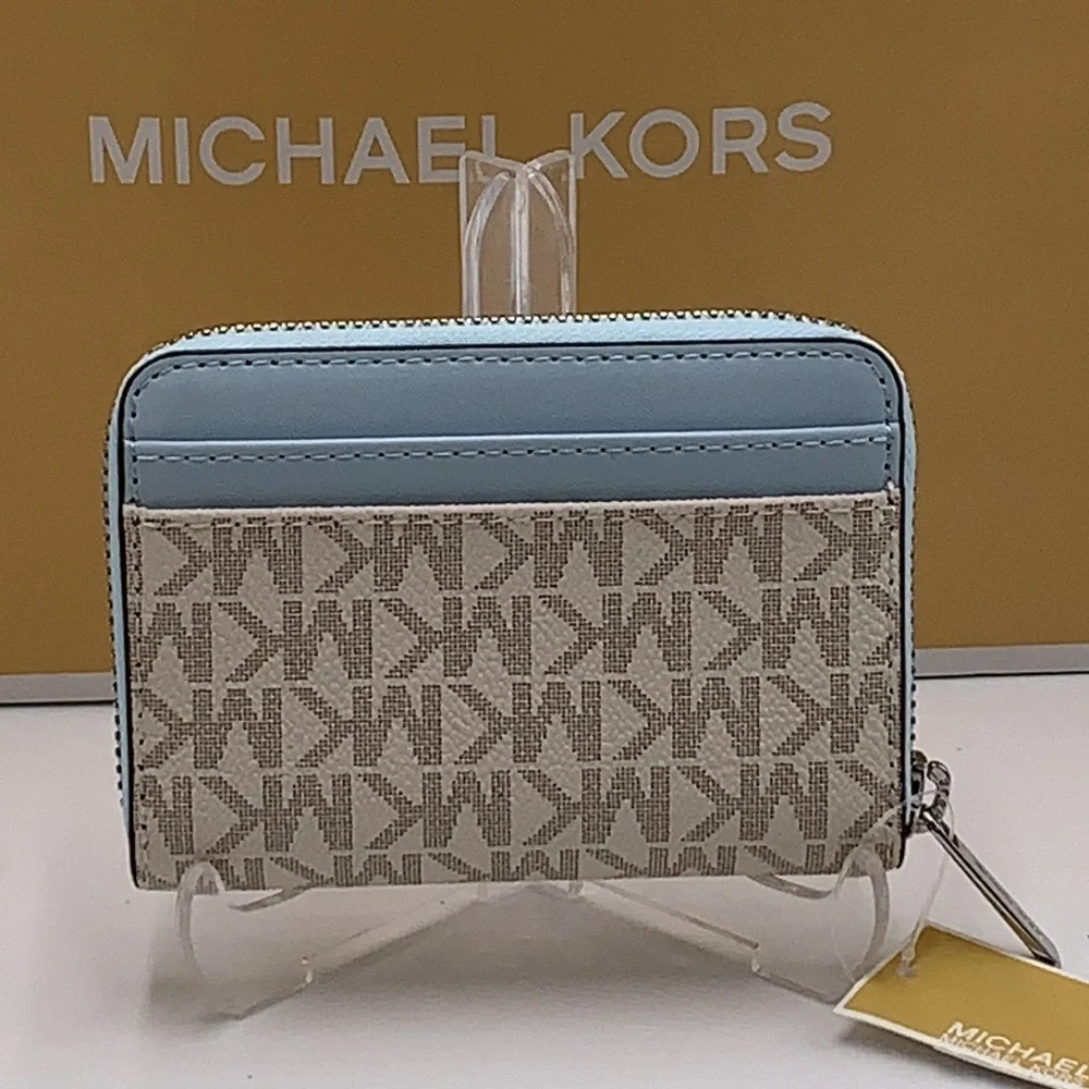 MICHAEL KORS MEDIUM ZIP AROUND CARD CASE VSTA BLUE MULTI SIGNATURE COLOR